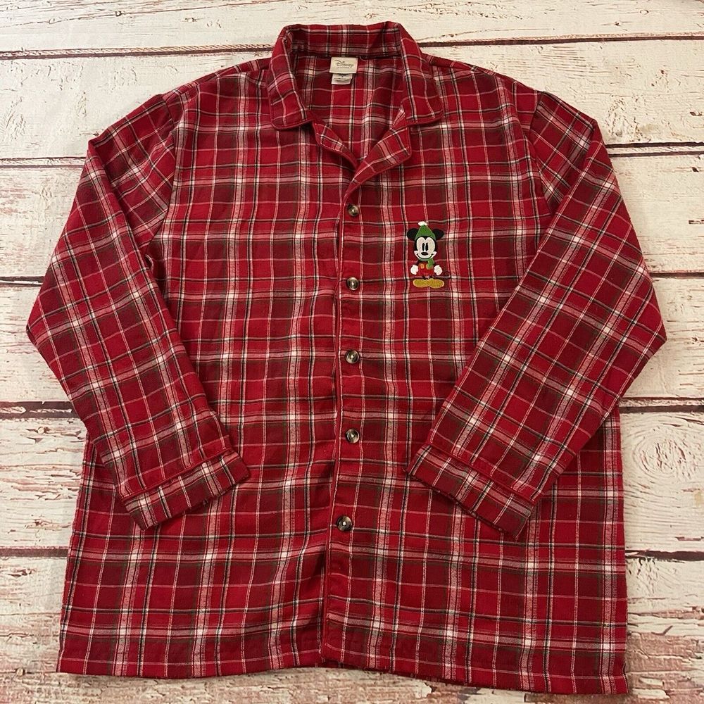 Disney Store Men's Mickey Mouse Christmas Button Pajama Shirt Red Plaid Small